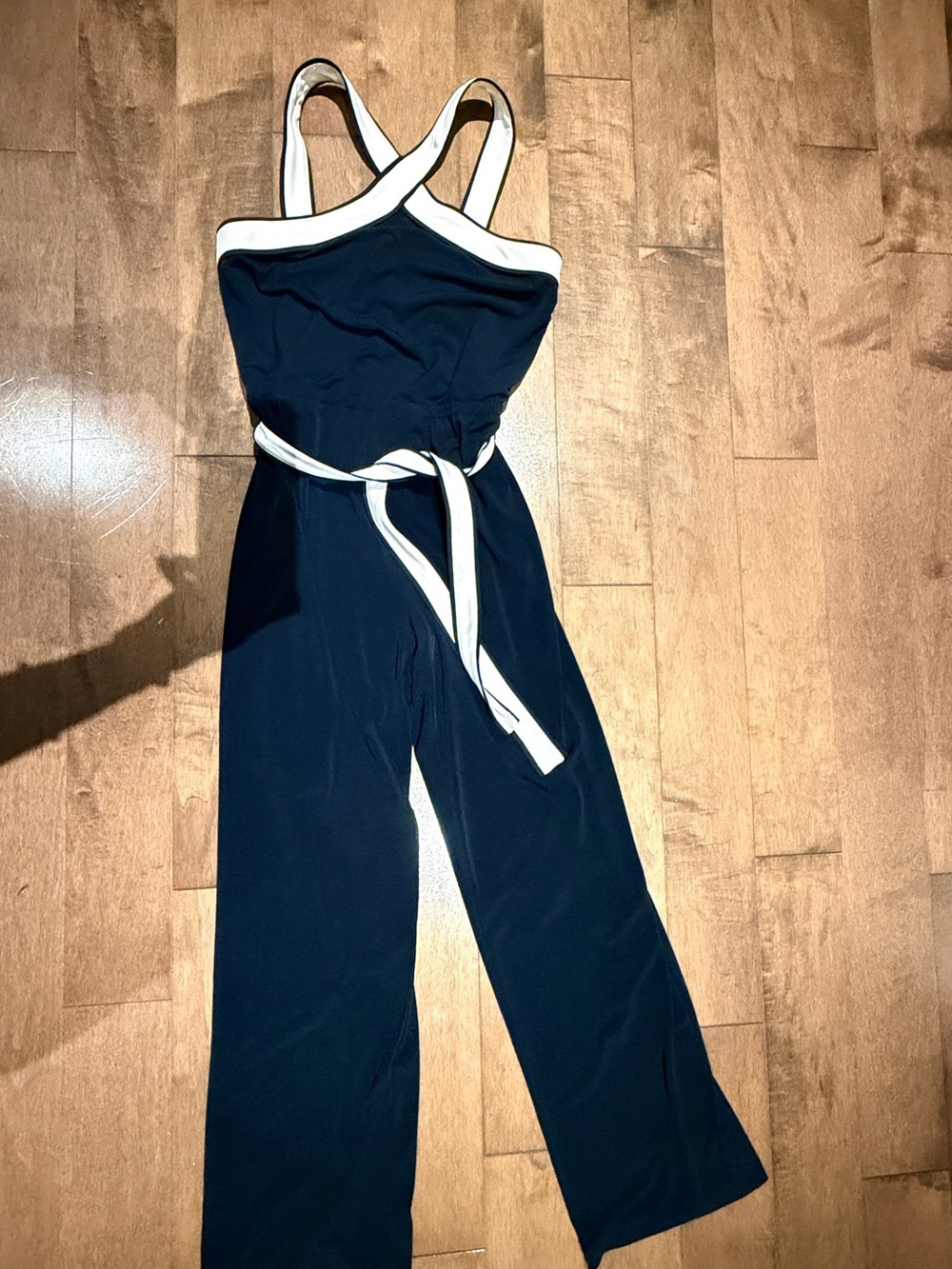 Ann Taylor Navy Jumpsuit with White Trim and Waist Tie